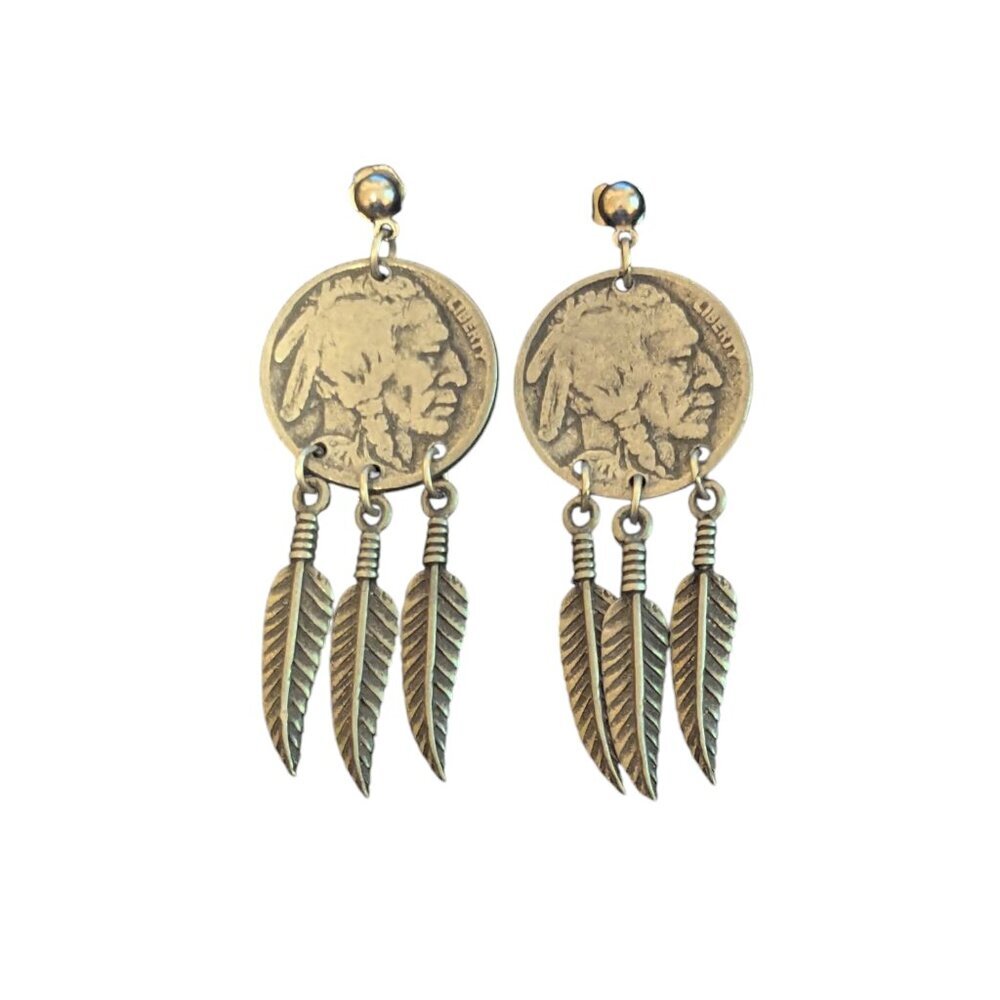 Native Inspired Buffalo Nickle Feather Earrings Dangle Indian Head Pierced Boho